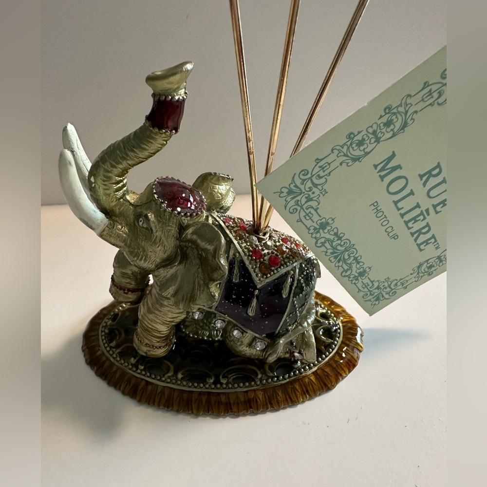 Rue Moliere Photo Clip Enameled Elephant Trunk Up Card Holder New